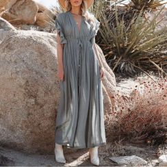 Womens Lightweight Button Down Maxi Cover Up With Waist Tie